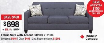 Bad Boy Superstore Fabric sofa with accent pillows offer