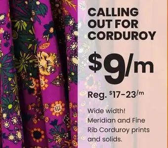 Fabricland Meridian and fine rib corduroy offer