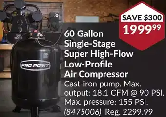 Princess Auto Pro.point 60 gallon single-stage super high-flow low-profile air compressor offer