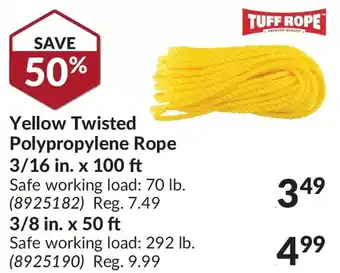 Princess Auto Yellow twisted polypropylene rope 3/16 in. x 100 ft | 3/8 in. x 50 ft offer