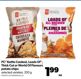 Real Canadian Superstore Pc kettle cooked, loads of, thick cut or world of flavours potato chips offer