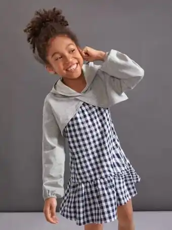 SheIn Shein girls gingham ruffle hem drop shoulder 2 in 1 hoodie dress offer