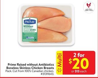 Walmart Prime raised without antibiotics boneless skinless chicken breasts offer