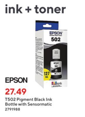 Staples Epson t502 pigment black ink bottle with sensormatic offer