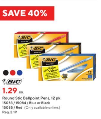 Staples Bic round stic ballpoint pens, 12 pk. offer