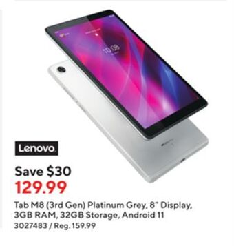 Staples Lenovo tab m8 (3rd gen) platinum grey, 8" display, 3gb ram, 32gb storage, android 11 offer