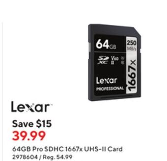 Staples Lexar 64gb pro sdhc 1667x uhs ii card offer