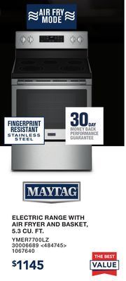 Lowe's Maytag electric range with air fryer and basket, 5.3 cu. ft. offer