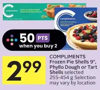 Foodland Compliments frozen pie shells 9", phyllo dough or tart shells offer