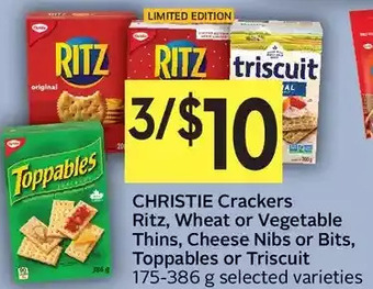 Foodland Christie crackers ritz, wheat or vegetable thins, cheese nibs or bits, toppables or triscuit offer