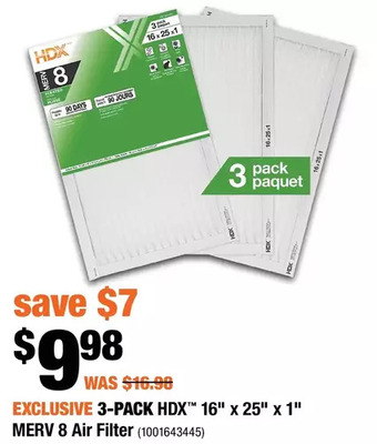 Home Depot 3-pack hdx 16" x 25" x 1" merv 8 air filter offer
