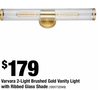Home Depot Varvara 2-light brushed gold vanity light with ribbed glass shade offer