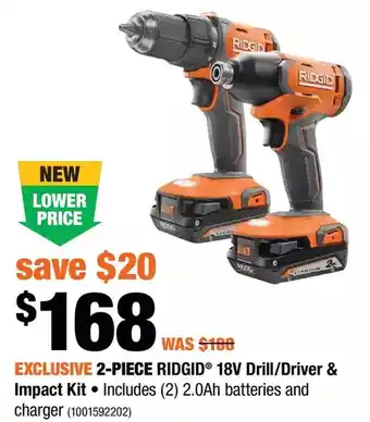 Home Depot 2-piece ridgid 18v drill/driver & impact kit offer