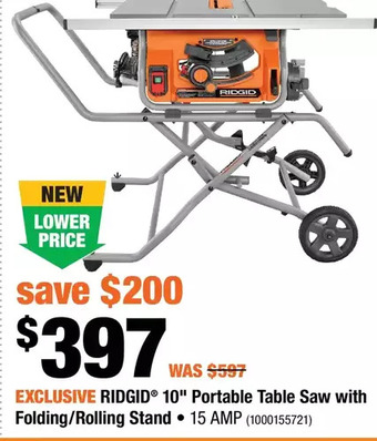 Home Depot Ridgid 10" portable table saw with folding/rolling stand offer