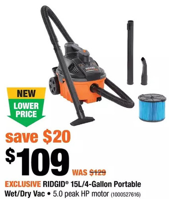 Home Depot Ridgid 15l/4-gallon portable wet/dry vac offer