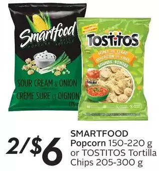 Sobeys Smartfood popcorn or tostitos tortilla chips offer