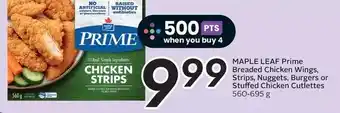 Sobeys Maple leaf prime breaded chicken wings, strips, nuggets, burgers or stuffed chicken cutlettes offer
