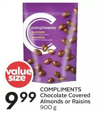 Sobeys Compliments chocolate covered almonds or raisins offer