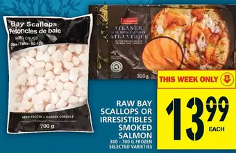 Food Basics Raw bay scallops or irresistibles smoked salmon offer