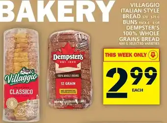 Food Basics Villaggio italian style bread | buns | dempster's 100% whole grains bread offer