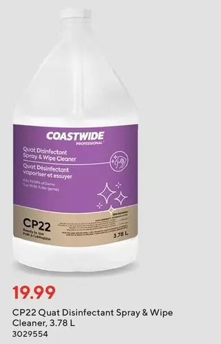 Staples Coastwide cp22 quat disinfectant spray & wipe cleaner offer
