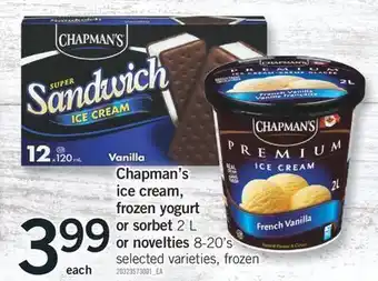 Fortinos Chapman's ice cream, frozen yogurt or sorbet, 2 l or novelties, 8-20' s offer