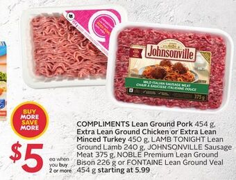 Sobeys Compliments lean ground pork 454 g, extra lean ground chicken or extra lean minced turkey offer