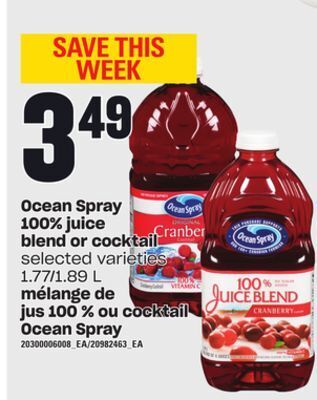 Independent Grocer Ocean spray 100% juice blend or cocktail, 1.77/1.89 l offer