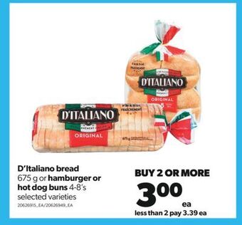 Real Canadian Superstore D'italiano bread, 675 g or hamburger or hot dog buns, 4-8's offer