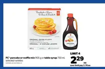 Real Canadian Superstore Pc® pancake or waffle mix, 905 g or table syrup, 750 ml offer