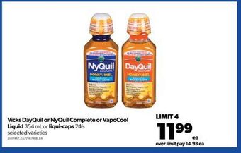 Real Canadian Superstore Vicks dayquil or nyquil complete or vapocool liquid, 354 ml or liqui-caps, 24's offer