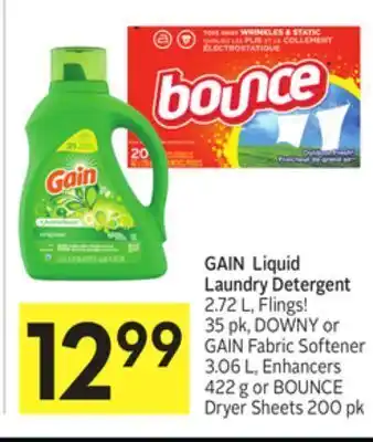 Foodland Gain liquid laundry detergent 2.72 l, flings! 35 pk, downy or gain fabric softener 3.06 l, enhancers 422 g or bounce dryer sh offer