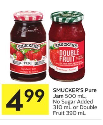 Foodland Smucker's pure jam 500 ml, no sugar added 310 ml or double fruit 390 ml offer