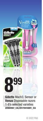 Loblaws Gillette mach3, sensor or venus disposable razors, 1-8's offer