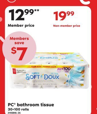 Loblaws Pc® bathroom tissue, 30=100 rolls offer