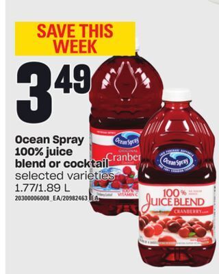 Loblaws Ocean spray 100% juice blend or cocktail, 1.77/1.89 l offer