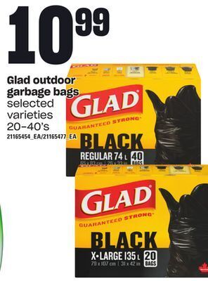 Loblaws Glad outdoor garbage bags, 20-40's offer