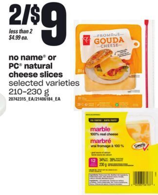 Loblaws No name® or pc® natural cheese slices, 210-230 g offer