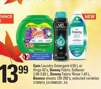 Loblaws Gain laundry detergent, 4.55 l or flings, 42's, downy fabric softener, 2.09-3.83 l, downy fabric rinse, 1.43 l, bounce sheets offer