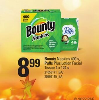 Loblaws Bounty napkins, 400's, puffs plus lotion facial tissue, 4 x 124's offer