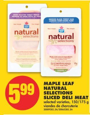 No Frills Maple leaf natural selections sliced deli meat, 150/175 g offer
