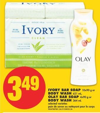 No Frills Ivory bar soap, 10x90 g or body wash 621 ml, olay bar soap, 4x90 g or body wash, 364 ml offer