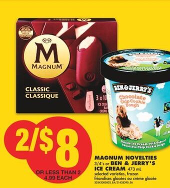No Frills Magnum novelties, 3/4's or ben & jerry's ice cream, 473 ml offer