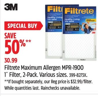 Canadian Tire 3m filtrete maximum allergen mpr-1900 1" filter, 2-pack offer