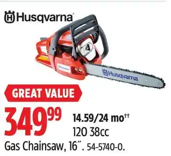 Canadian Tire Husqvarna 120 38cc gas chainsaw, 16-in offer