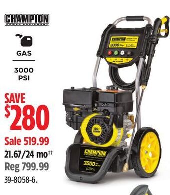 Canadian Tire Champion 3000 psi 2.5 gpm 196cc engine cold water wheeled gas pressure washer offer