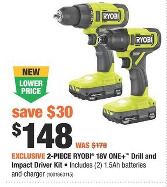 Home Depot 2-piece ryobi® 18v one+™ drill and impact driver kit offer