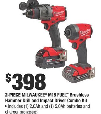 Home Depot 2-piece milwaukee® m18 fuel™ brushless hammer drill and impact driver combo kit offer
