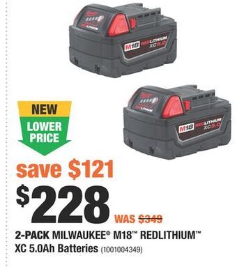 Home Depot 2-pack milwaukee® m18™ redlithium™ xc 5.0ah batteries offer