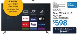 Walmart Onn. 65" 4k uhd hdr tv offer